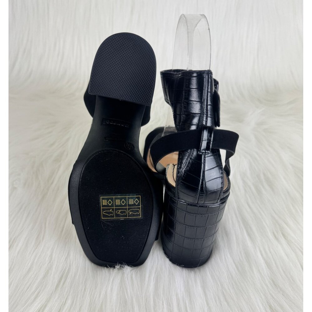 Women's Bamboo Milestone Croc Accent Ankle Strap Chunky Block Heel Sandals Black - Picture 8 of 8